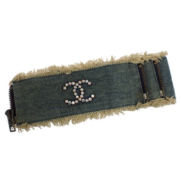 CHANEL CC Logo Wristband Bangle Bracelet 01P Denim Rhinestone France